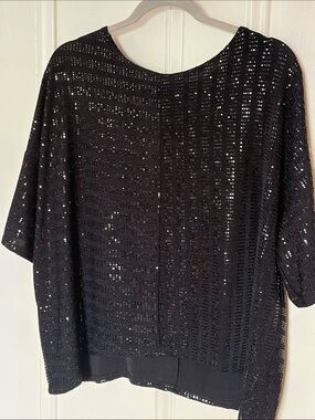 Clara Sun Woo Black Shimmer Knit Short-Sleeve Over-Size Top Medium